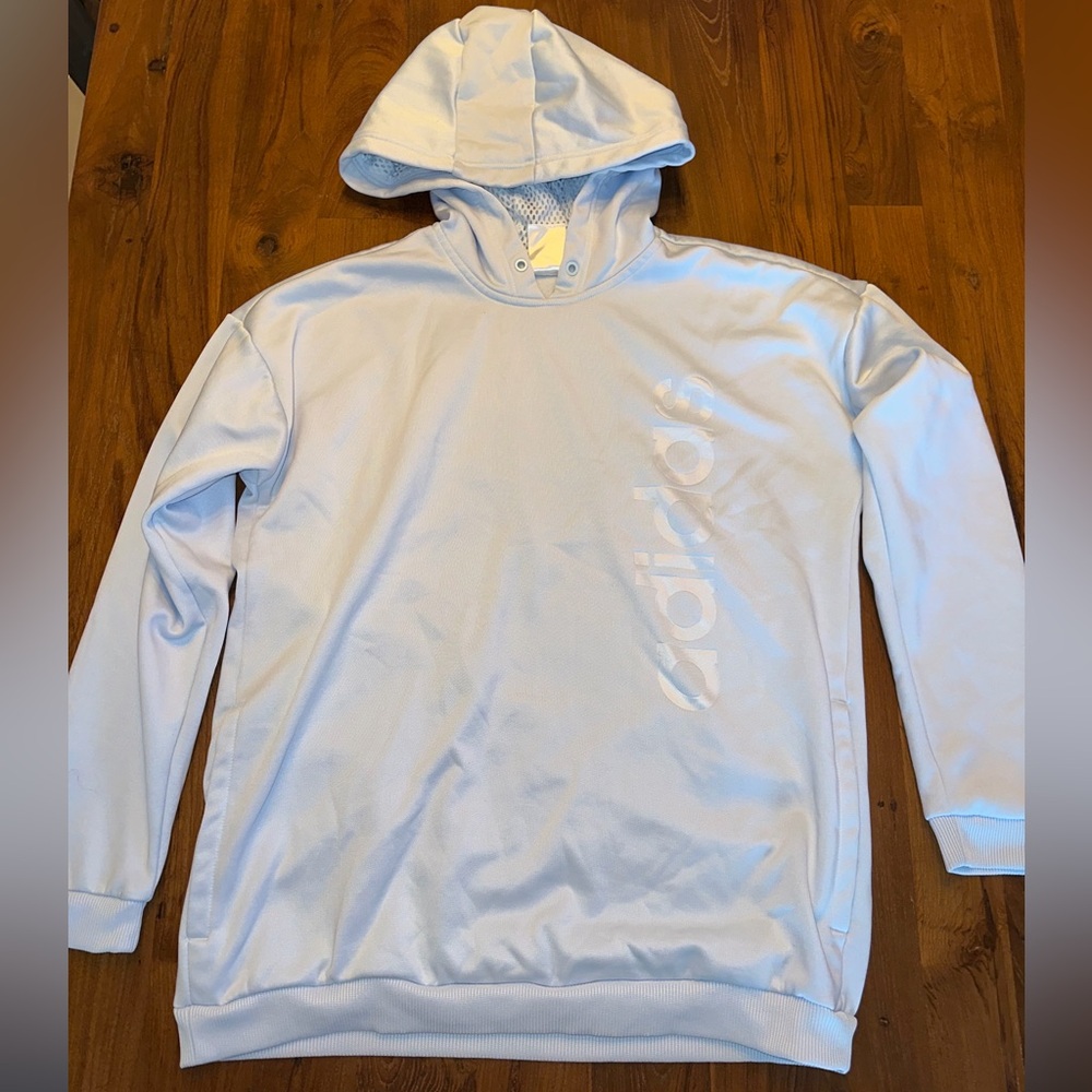 Adidas Women’s Light Blue Hoodie Sweatshirt Size Large.